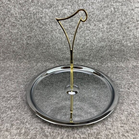 ✅Kromex Chrome & Brass Serving Tray Center handle Mid Centry style Party Event - Picture 1 of 7
